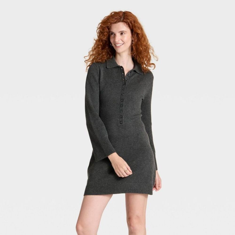 Women's Long Sleeve Sweater Dress - A New Day Dark Heather Gray XL